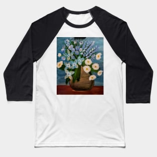 Some white daisy's and blue Bell and carnations flowers in a gold vase Baseball T-Shirt